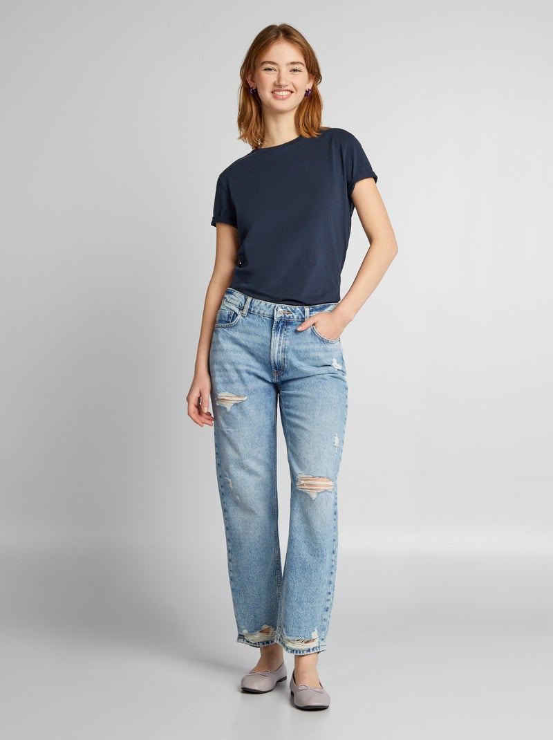 Pantalón vaquero recto con rotos AZUL - Kiabi