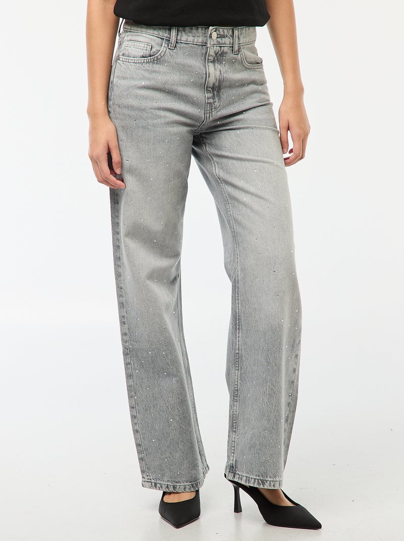 Pantalón vaquero recto con strass Gris - Kiabi
