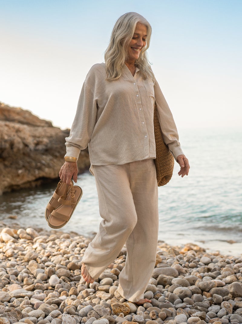 Pantalón wide leg de mezcla de lino Beige - Kiabi