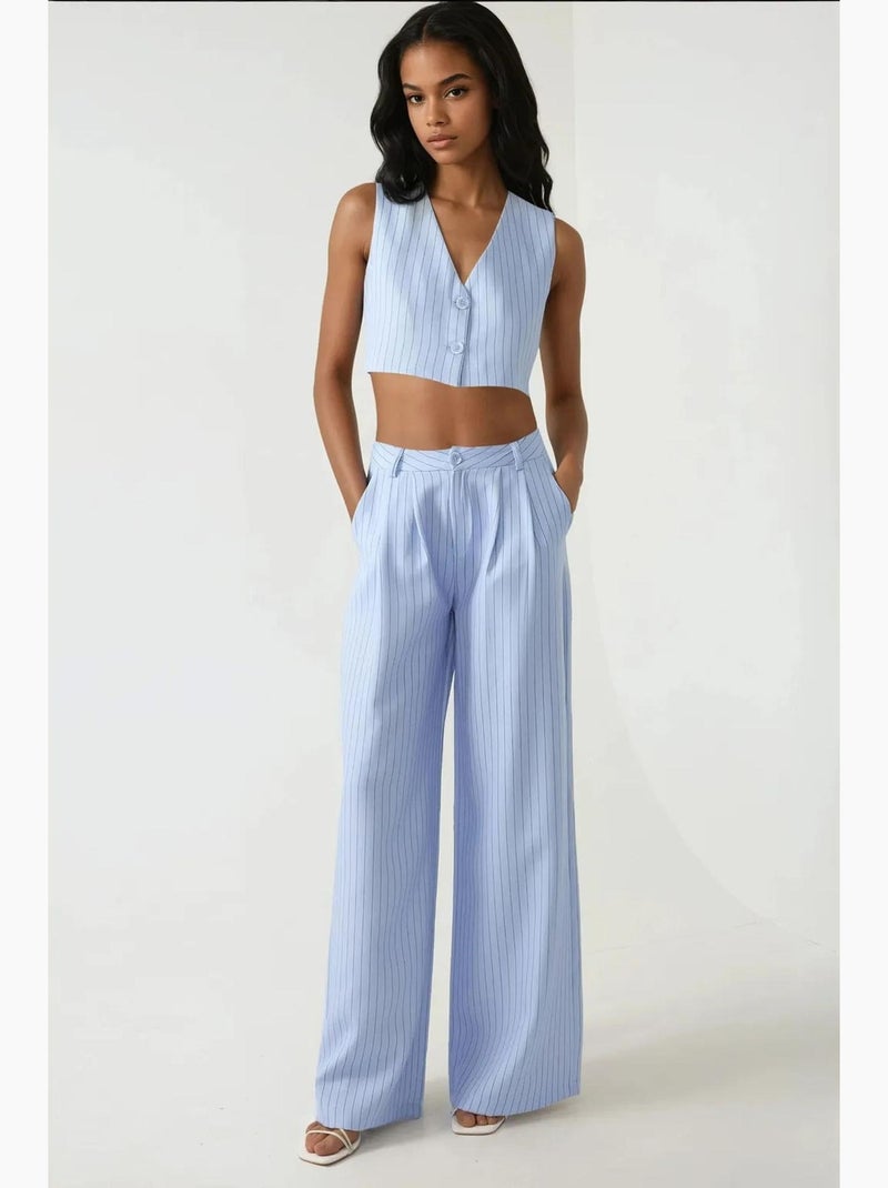 Pantalones anchos a rayas de cintura alta de la colección pika hiccup Azul cielo - Kiabi
