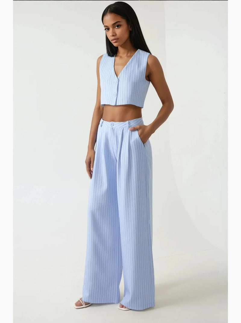 Pantalones anchos a rayas de cintura alta de la colección pika hiccup Azul cielo - Kiabi