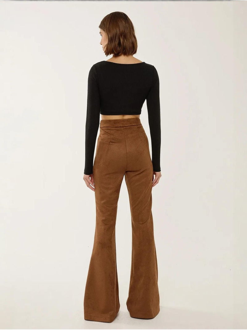 Pantalones anchos de gamuza con cintura alta y pinzas hiccup Marrón - Kiabi