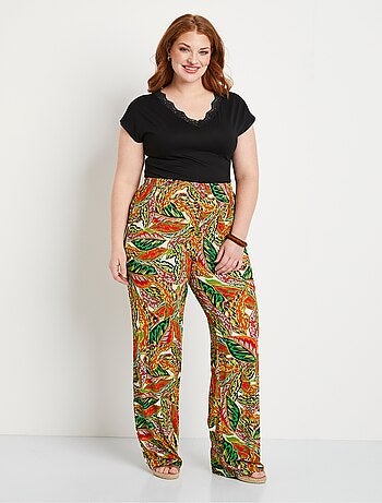 Pantalones con estampado de follaje y cinturilla elástica - Afibel