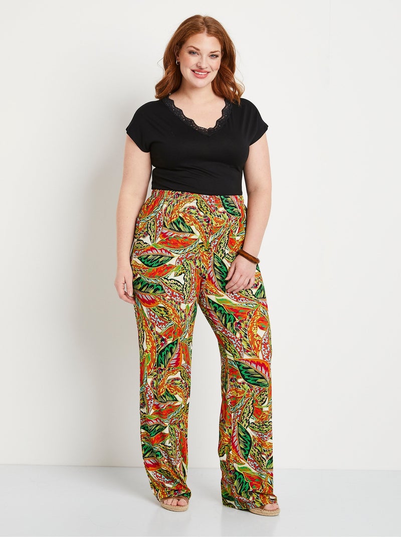 Pantalones con estampado de follaje y cinturilla elástica - Afibel Verde/Rojo - Kiabi