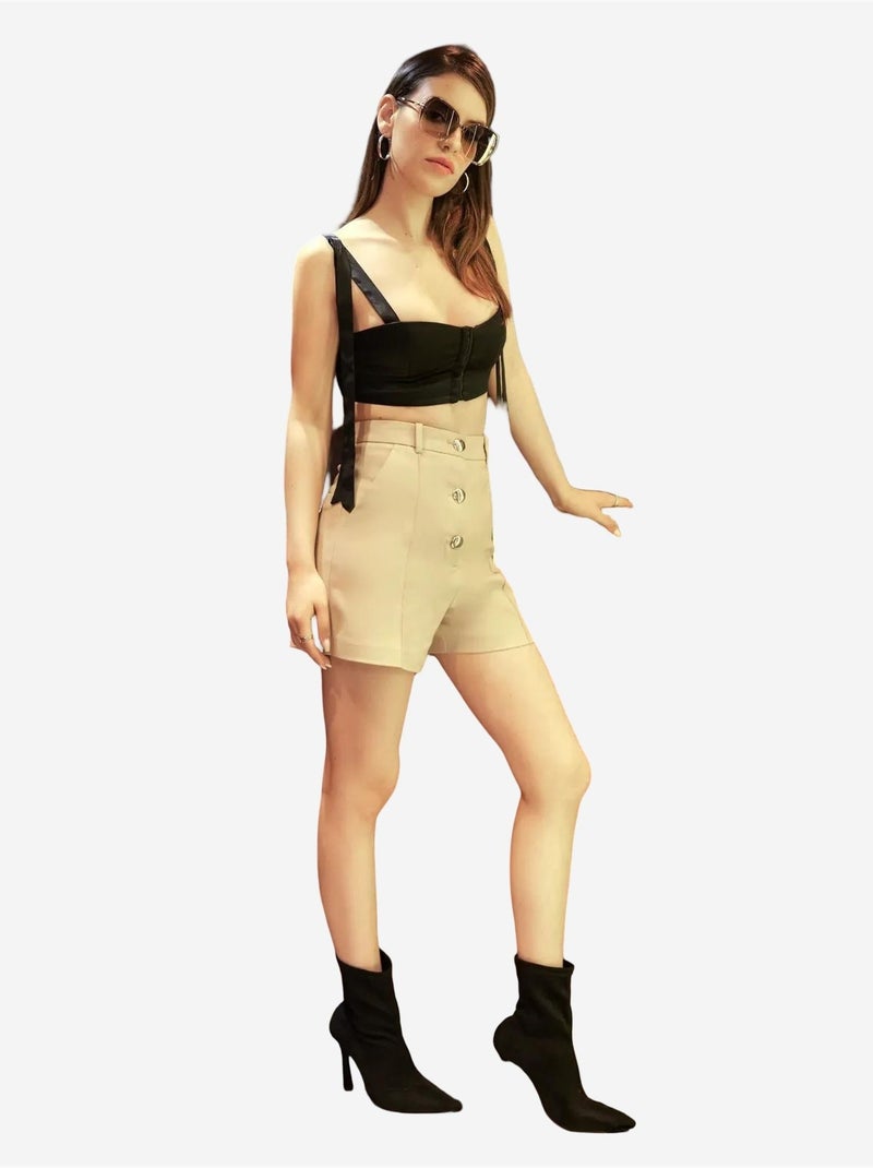 Pantalones cortos abotonados de cintura alta hiccup Beige - Kiabi