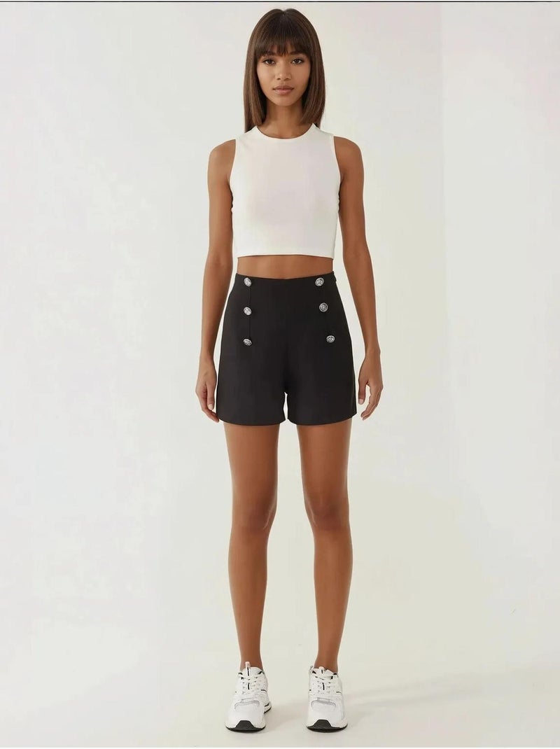 Pantalones cortos abotonados de cintura alta Negro - Kiabi