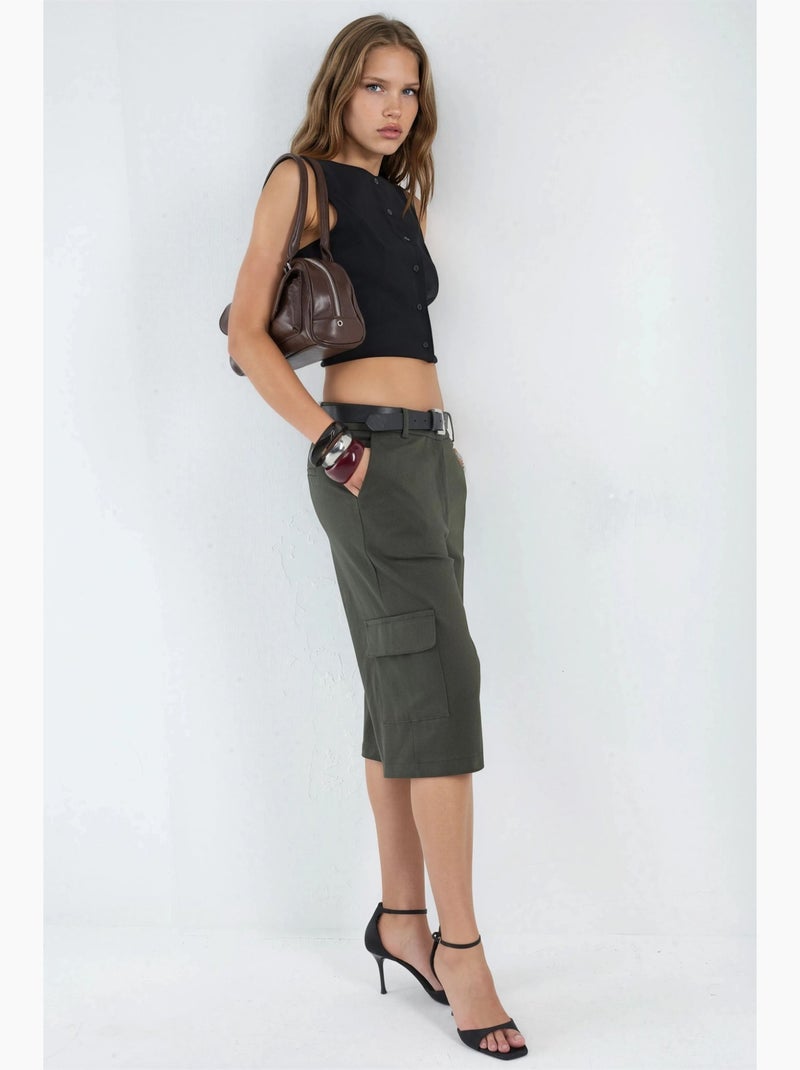Pantalones cortos capri extragrandes de cintura baja hiccup Caqui - Kiabi
