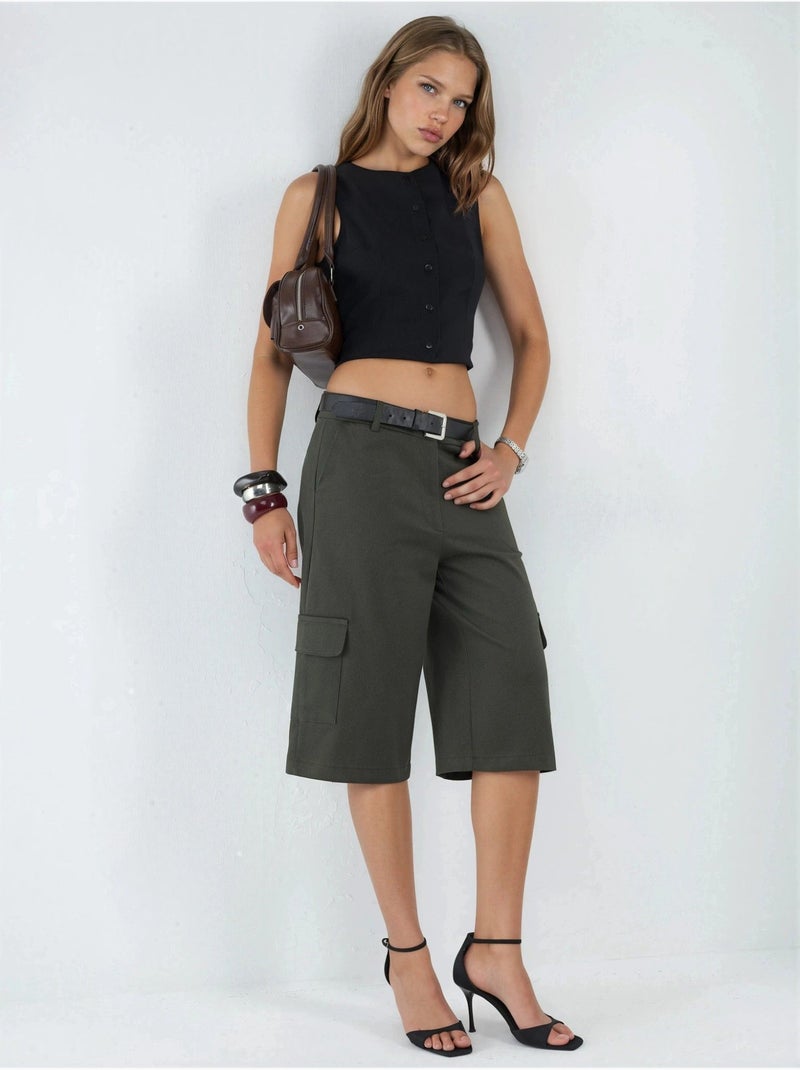 Pantalones cortos capri extragrandes de cintura baja hiccup Caqui - Kiabi