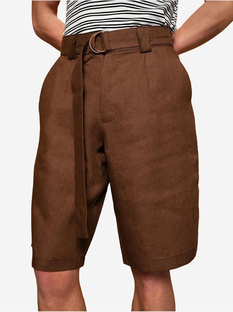 Pantalones cortos con cinturón de mezcla de lino y cintura alta giesto Marrón claro - Kiabi