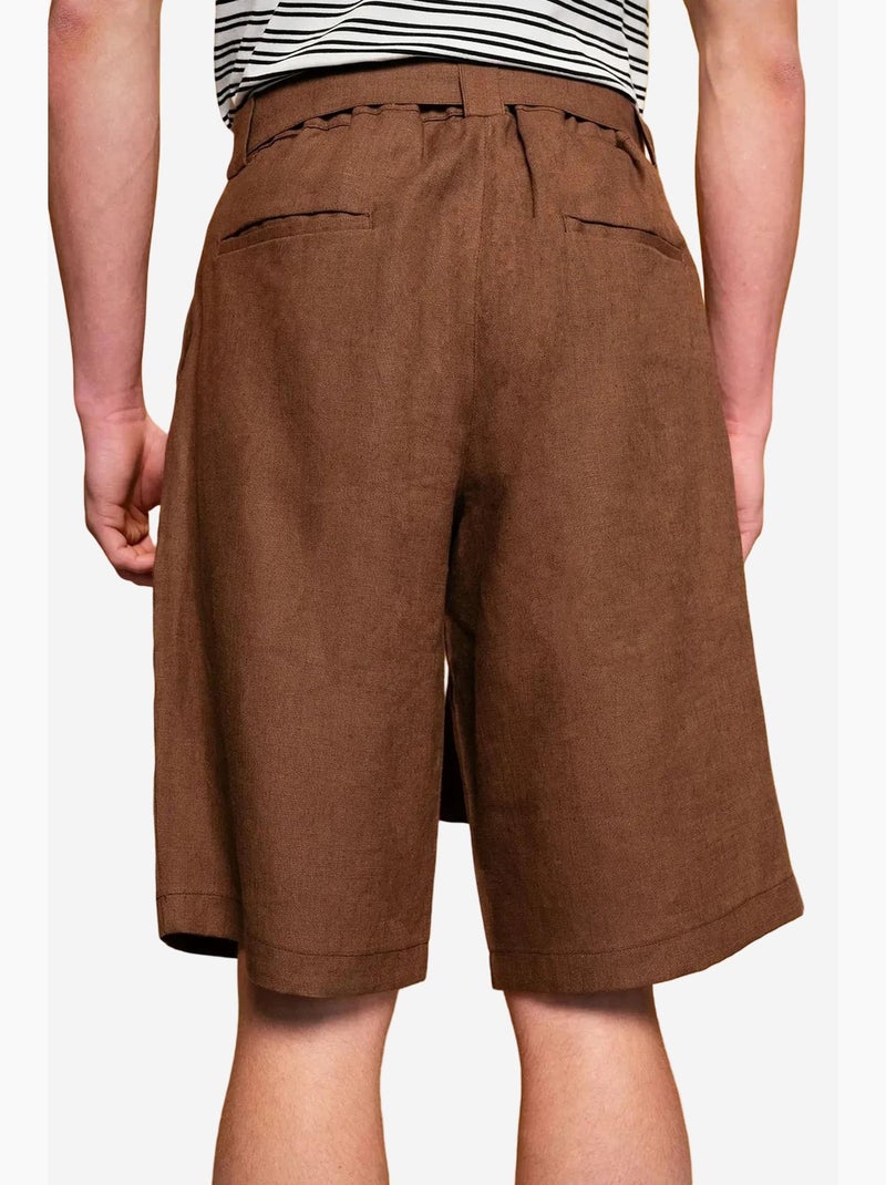 Pantalones cortos con cinturón de mezcla de lino y cintura alta giesto Marrón claro - Kiabi