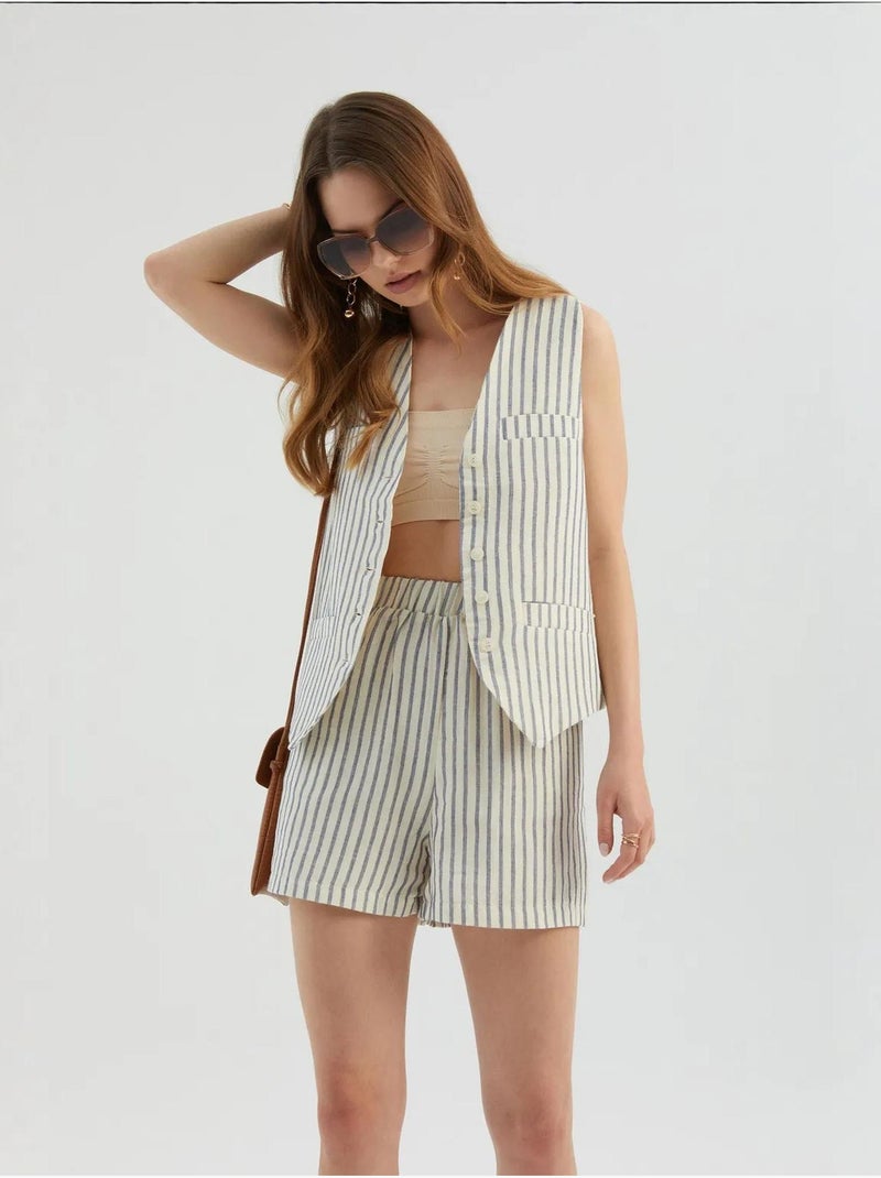 Pantalones cortos de cintura alta con rayas y cintura elástica Beige natural - Kiabi