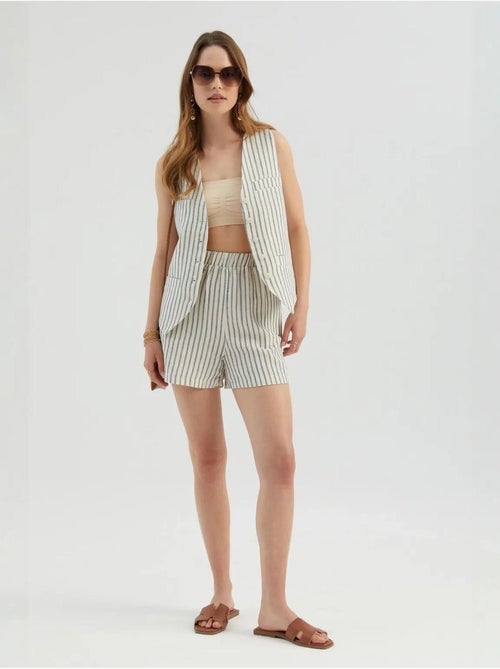Pantalones cortos de cintura alta con rayas y cintura elástica hiccup - Kiabi Pantalones cortos de cintura alta con rayas y cintura elástica hiccup - Kiabi