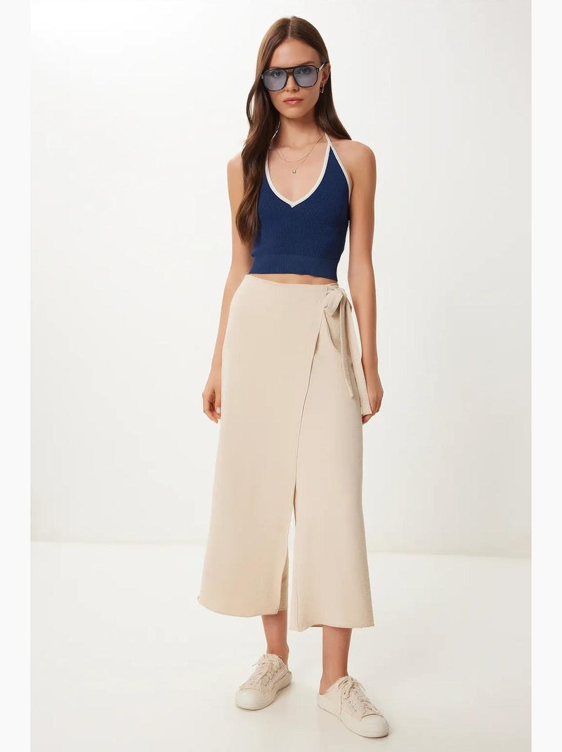 Pantalones cortos de cintura alta y pierna ancha con detalle de lazo istanbul Crema - Kiabi