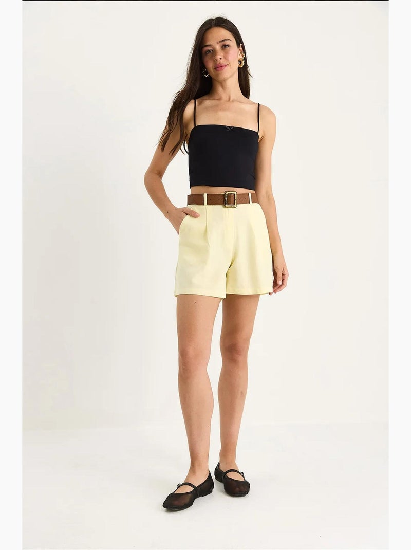 Pantalones cortos de lino fino con detalle de bolsillo y cinturón lucci Amarillo limón - Kiabi
