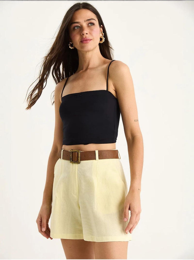 Pantalones cortos de lino fino con detalle de bolsillo y cinturón lucci Amarillo limón - Kiabi