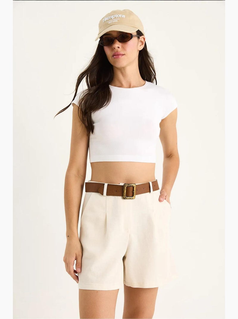 Pantalones cortos de lino fino con detalle de bolsillo y cinturón lucci Beige arcilla - Kiabi