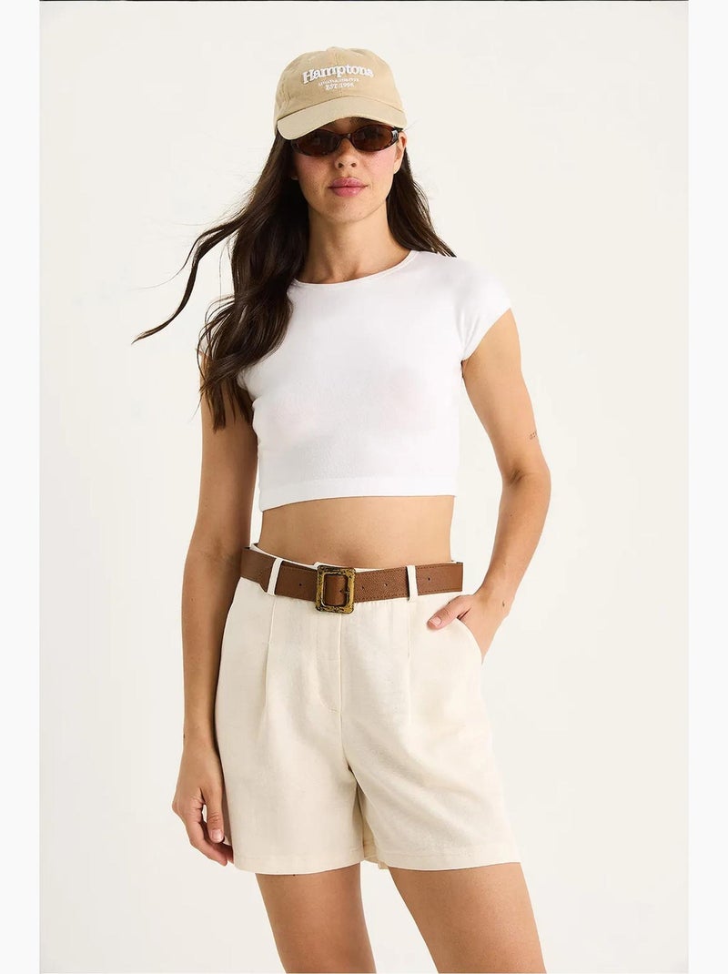 Pantalones cortos de lino fino con detalle de bolsillo y cinturón lucci Beige arcilla - Kiabi