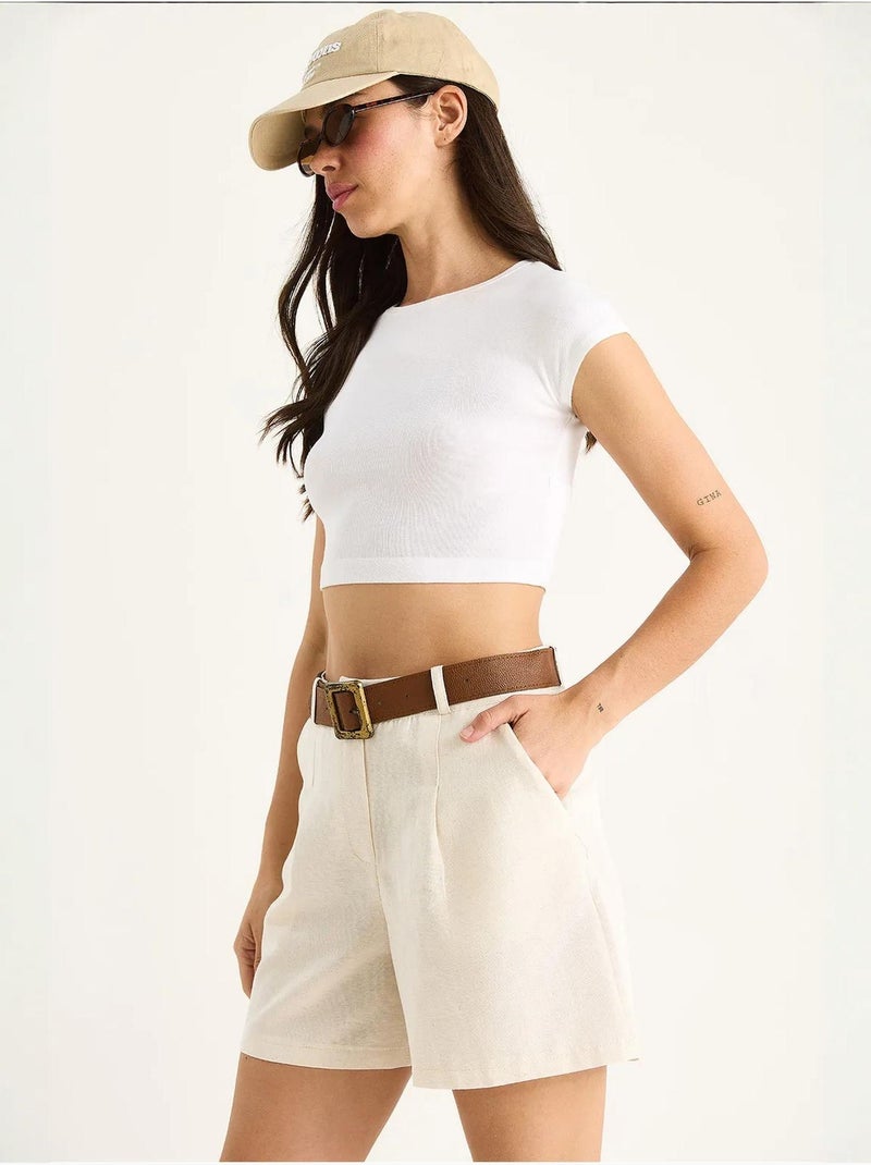 Pantalones cortos de lino fino con detalle de bolsillo y cinturón lucci Beige arcilla - Kiabi
