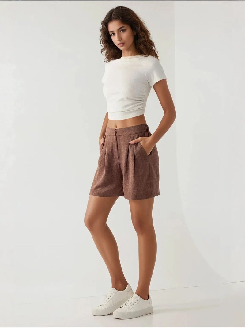 Pantalones cortos de lyocell suave al tacto y cintura alta plisados hiccup Marrón chocolate - Kiabi