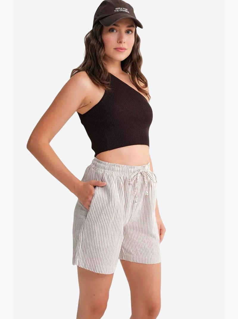 Pantalones cortos de pierna ancha y seersucker a rayas de cintura alta mixray Marrón claro - Kiabi