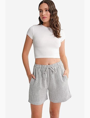 Pantalones cortos de pierna ancha y seersucker a rayas de cintura alta mixray