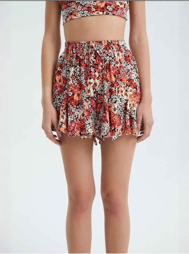 Pantalones cortos florales de cintura alta con cintura elástica y volantes hiccup Multicolor - Kiabi