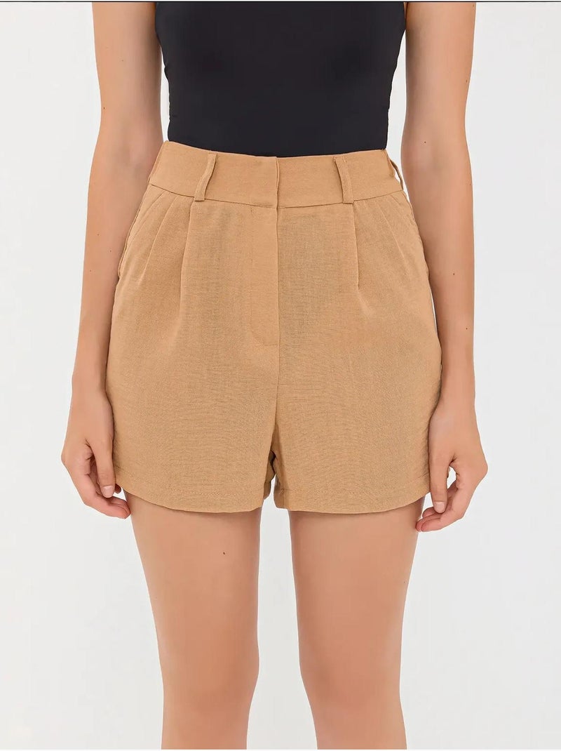 Pantalones cortos tejidos de cintura alta y plisados Marrón - Kiabi