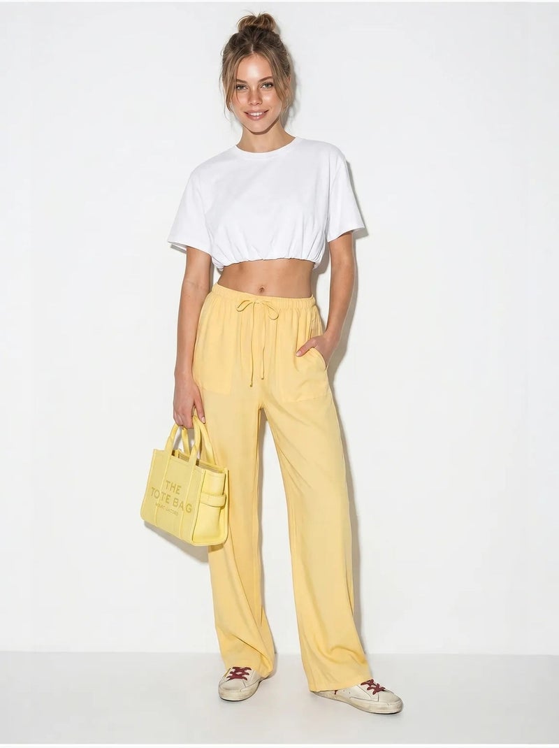 Pantalones de algodón de pernera ancha con cintura de cordón lucci Amarillo limón - Kiabi
