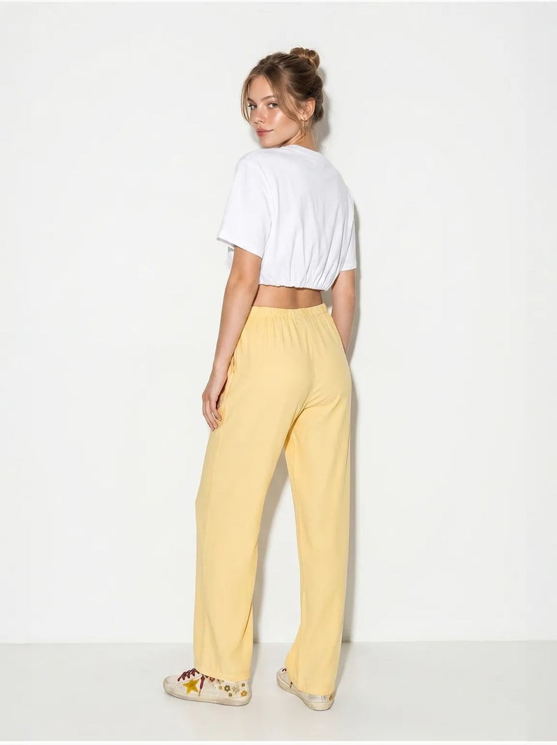 Pantalones de algodón de pernera ancha con cintura de cordón lucci Amarillo limón - Kiabi
