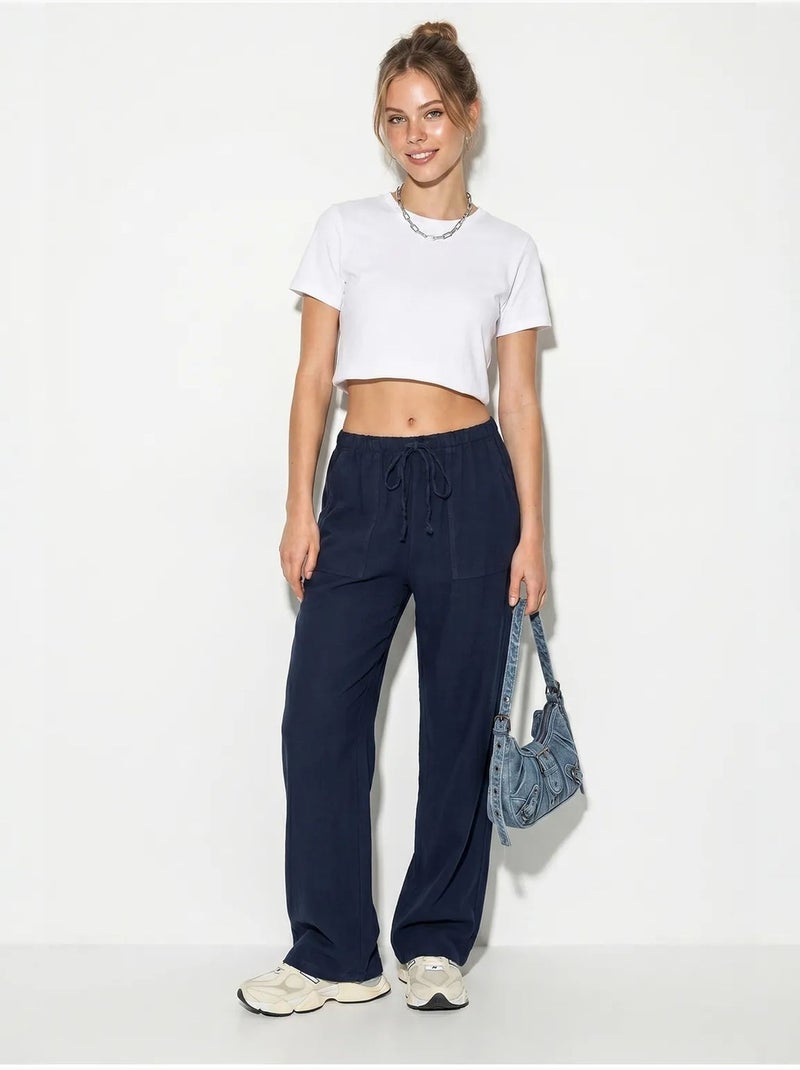 Pantalones de algodón de pernera ancha con cintura de cordón lucci Azul marino - Kiabi