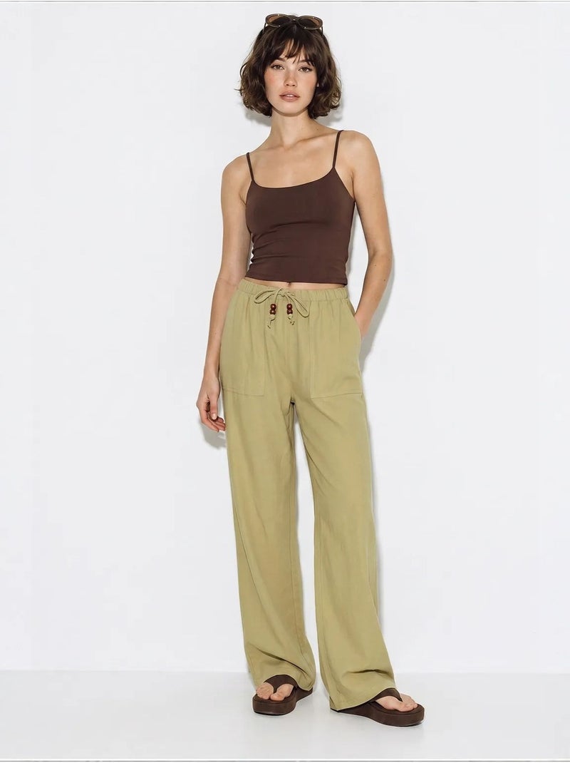 Pantalones de algodón de pernera ancha con cintura de cordón lucci Caqui - Kiabi