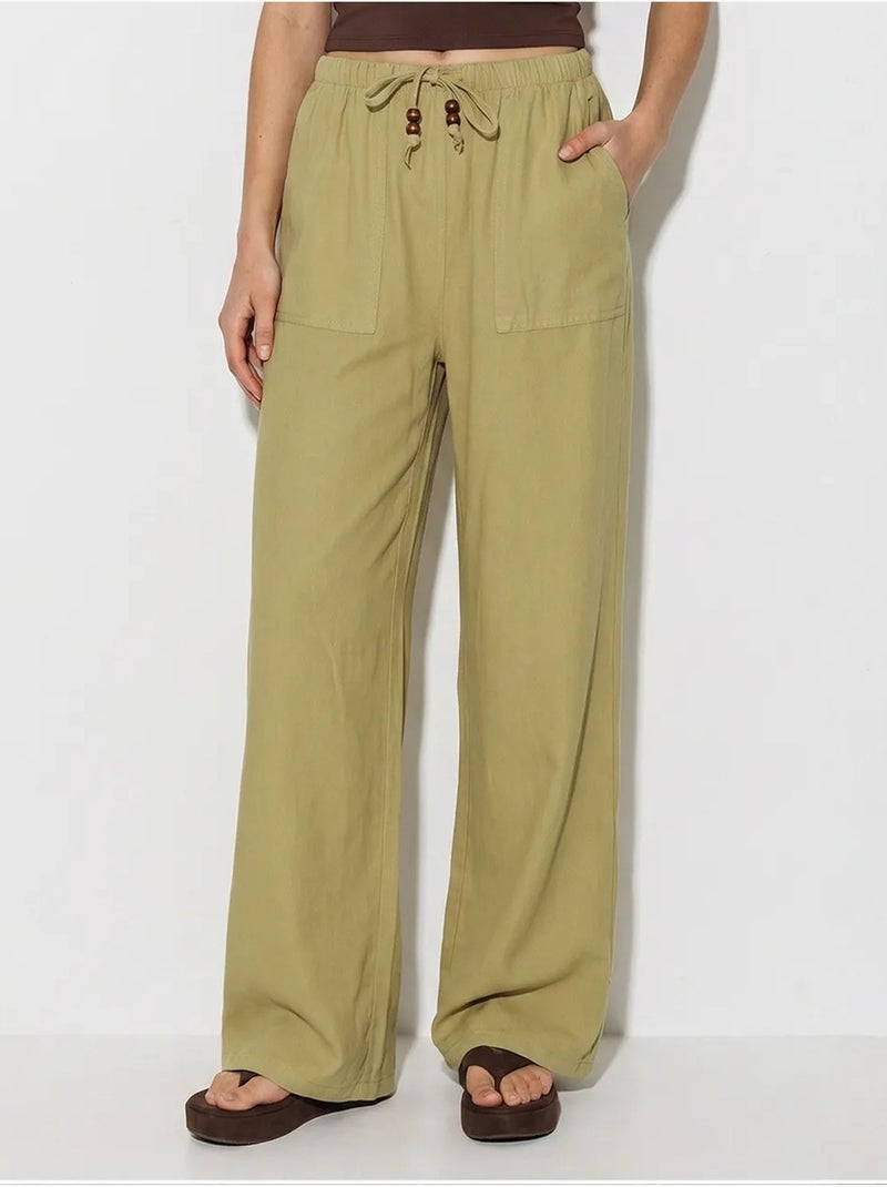 Pantalones de algodón de pernera ancha con cintura de cordón lucci Caqui - Kiabi