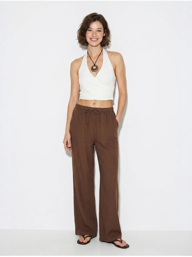 Pantalones de algodón de pernera ancha con cintura de cordón lucci Marrón - Kiabi