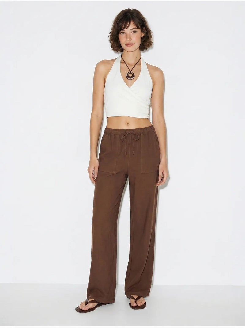 Pantalones de algodón de pernera ancha con cintura de cordón lucci Marrón - Kiabi
