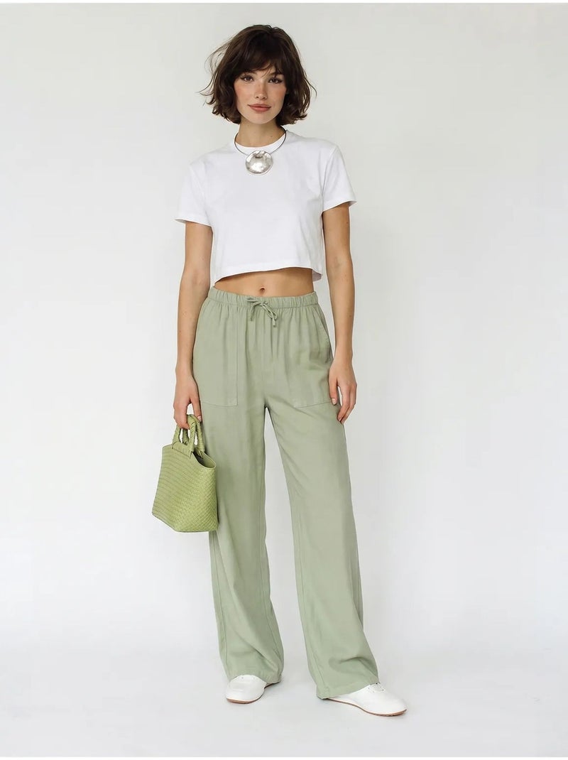 Pantalones de algodón de pernera ancha con cintura de cordón lucci Verde menta - Kiabi