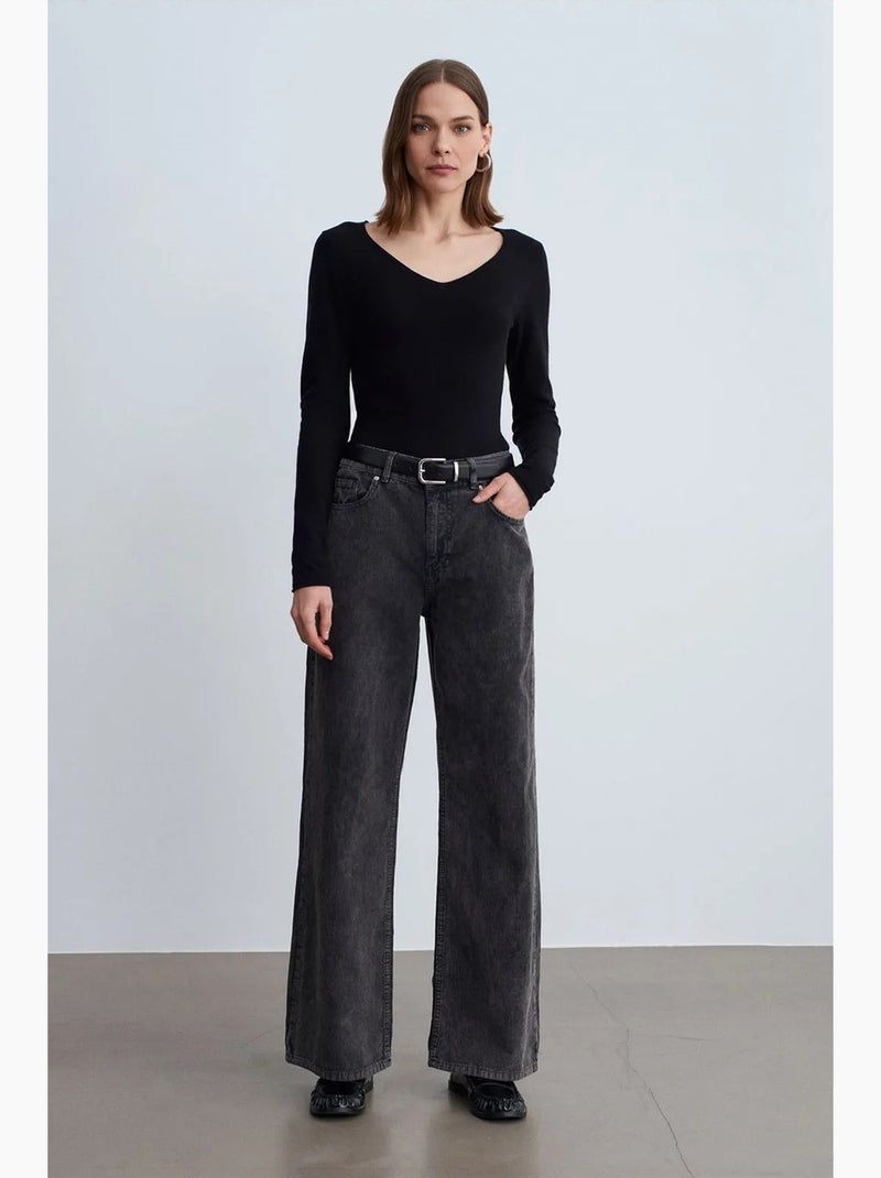 Pantalones de algodón de tiro alto y pernera ancha dilvin Gris negro - Kiabi