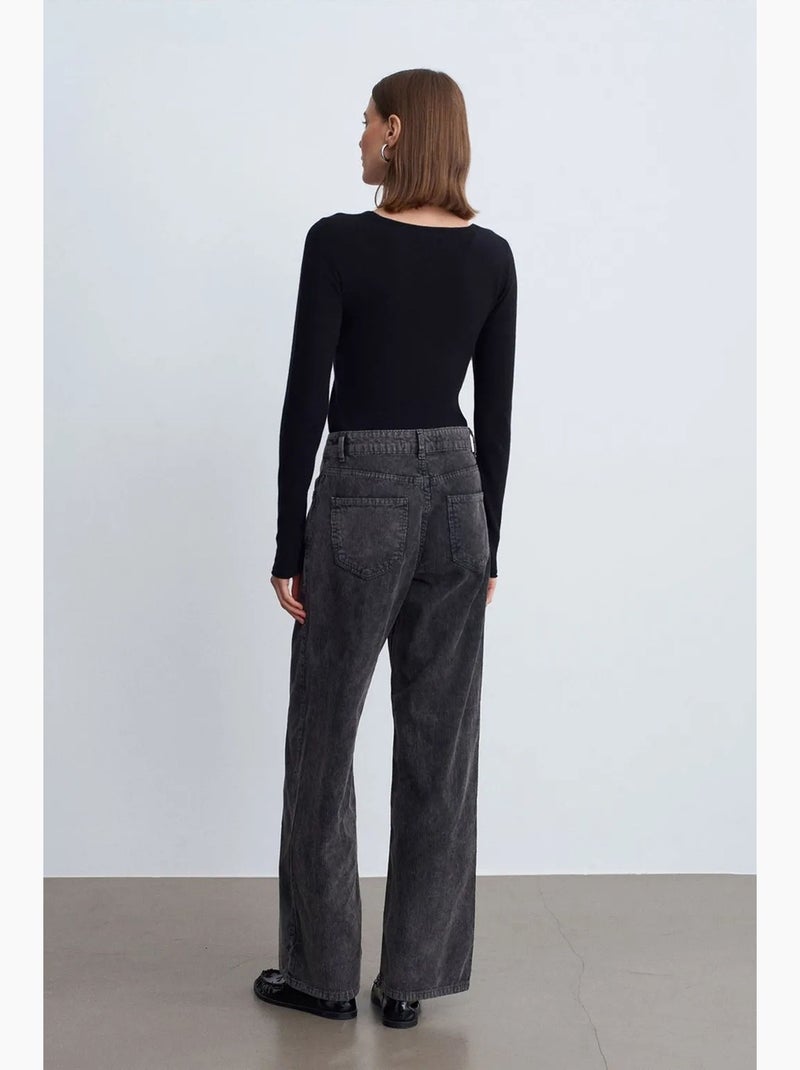 Pantalones de algodón de tiro alto y pernera ancha dilvin Gris negro - Kiabi