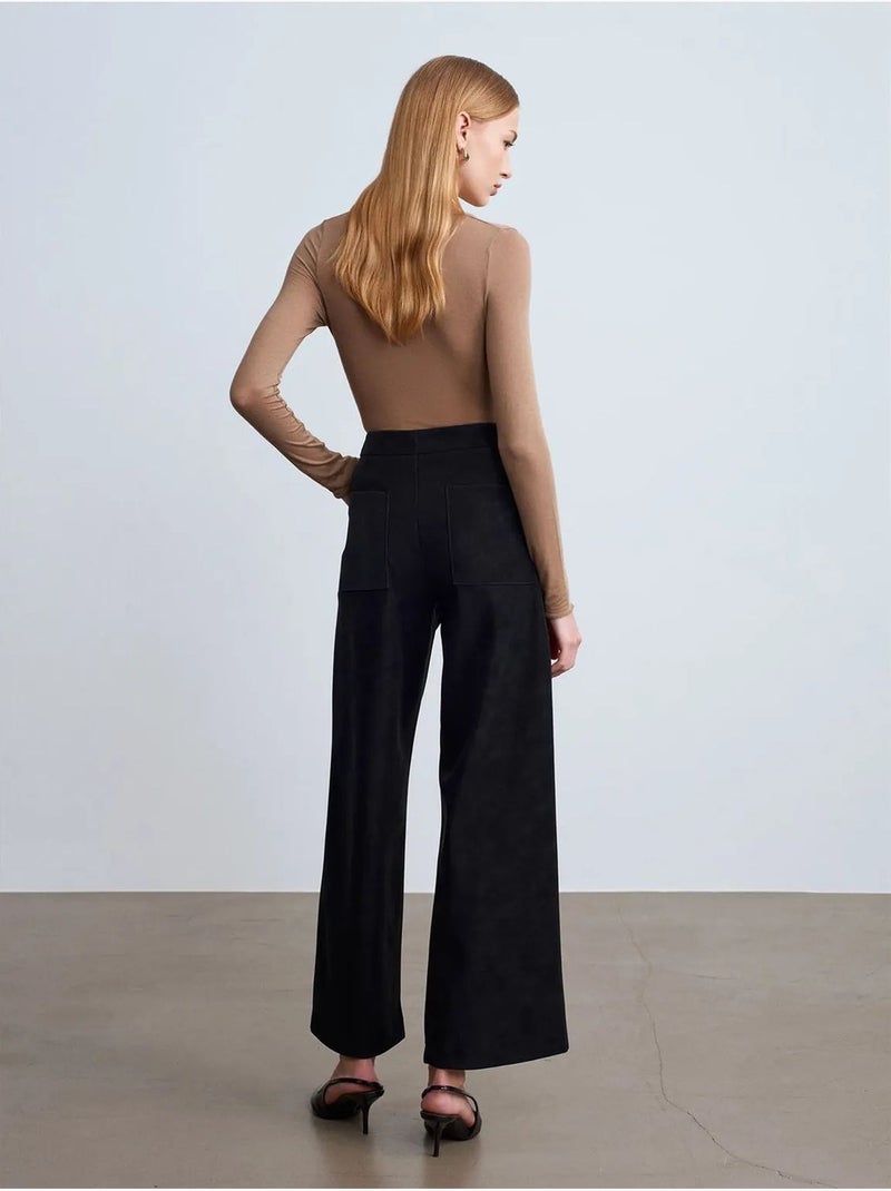 Pantalones de ante sintético de tiro alto y pernera ancha dilvin Negro - Kiabi