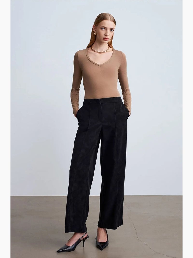 Pantalones de ante sintético de tiro alto y pernera ancha dilvin Negro - Kiabi