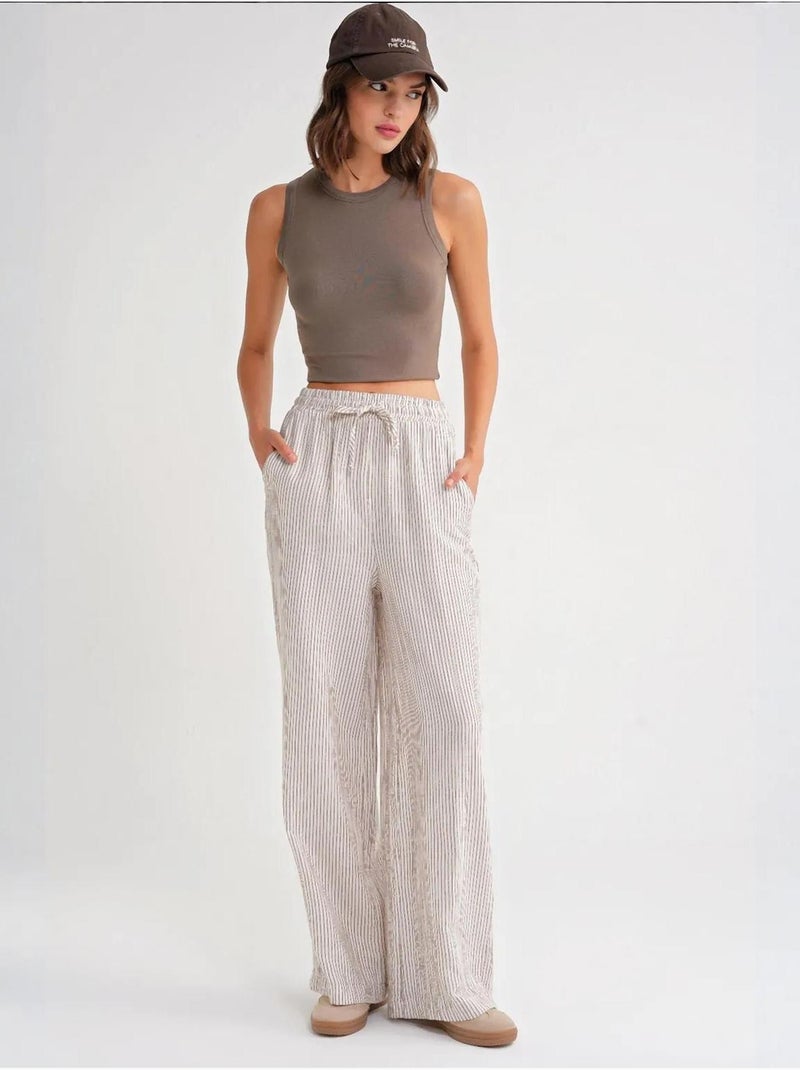 Pantalones de cintura alta a rayas con cordón mixray Marrón claro - Kiabi