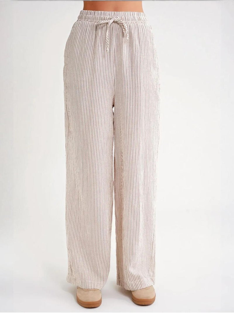 Pantalones de cintura alta a rayas con cordón mixray Marrón claro - Kiabi