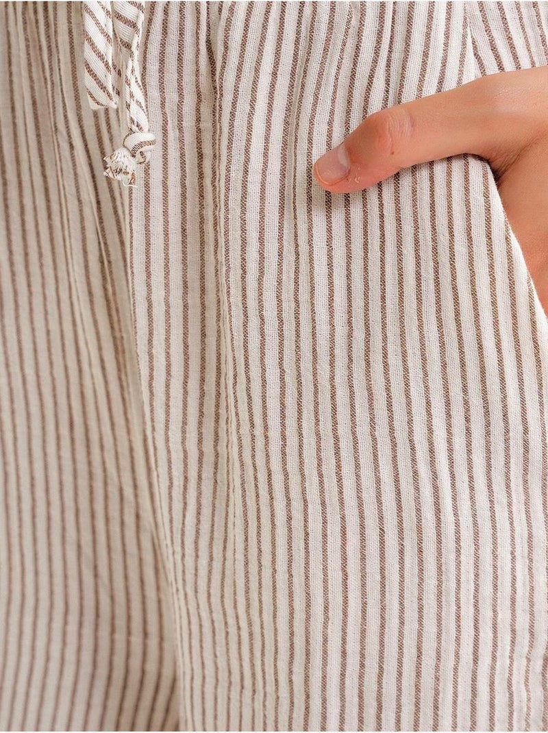 Pantalones de cintura alta a rayas con cordón mixray Marrón claro - Kiabi