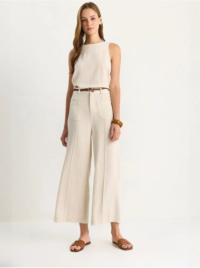 Pantalones de cintura alta, pierna ancha y largo hasta el tobillo con cinturón lucci Beige arcilla - Kiabi