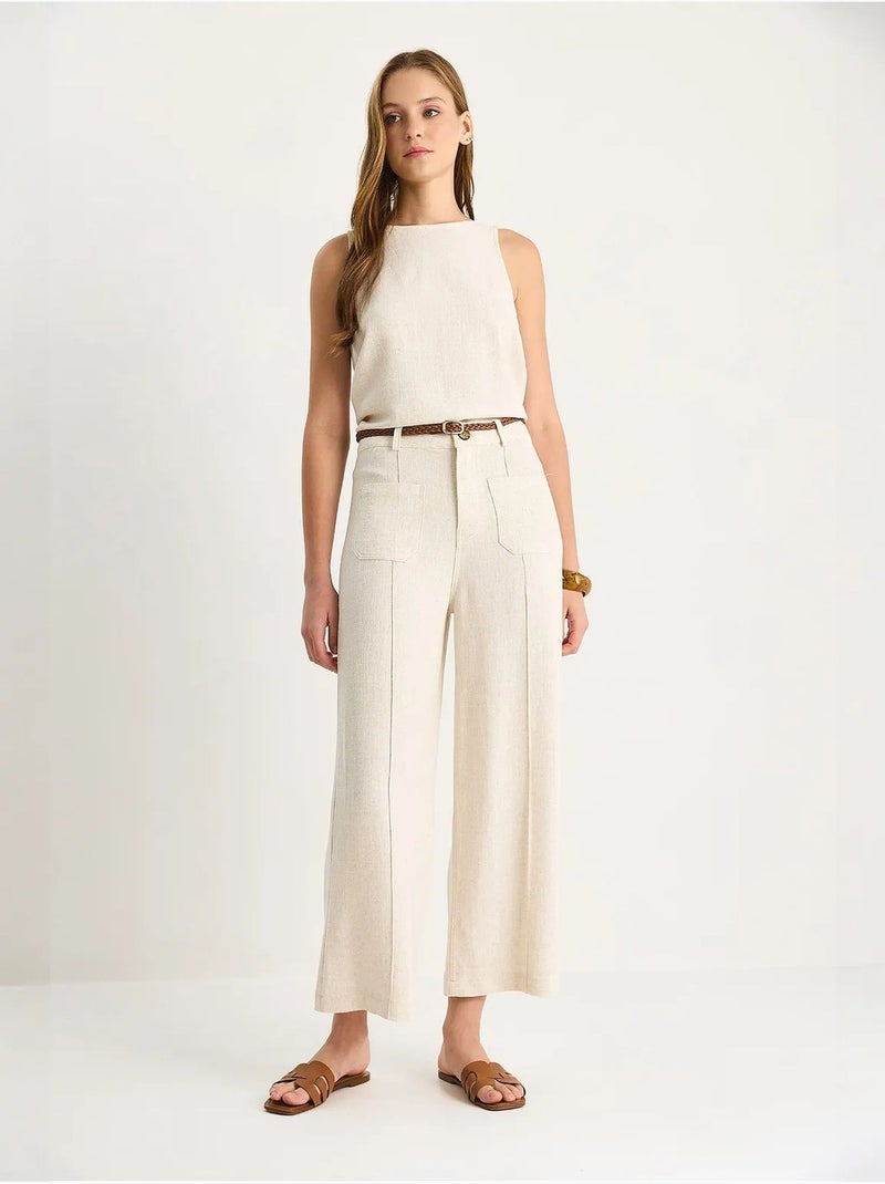 Pantalones de cintura alta, pierna ancha y largo hasta el tobillo con cinturón lucci Beige arcilla - Kiabi