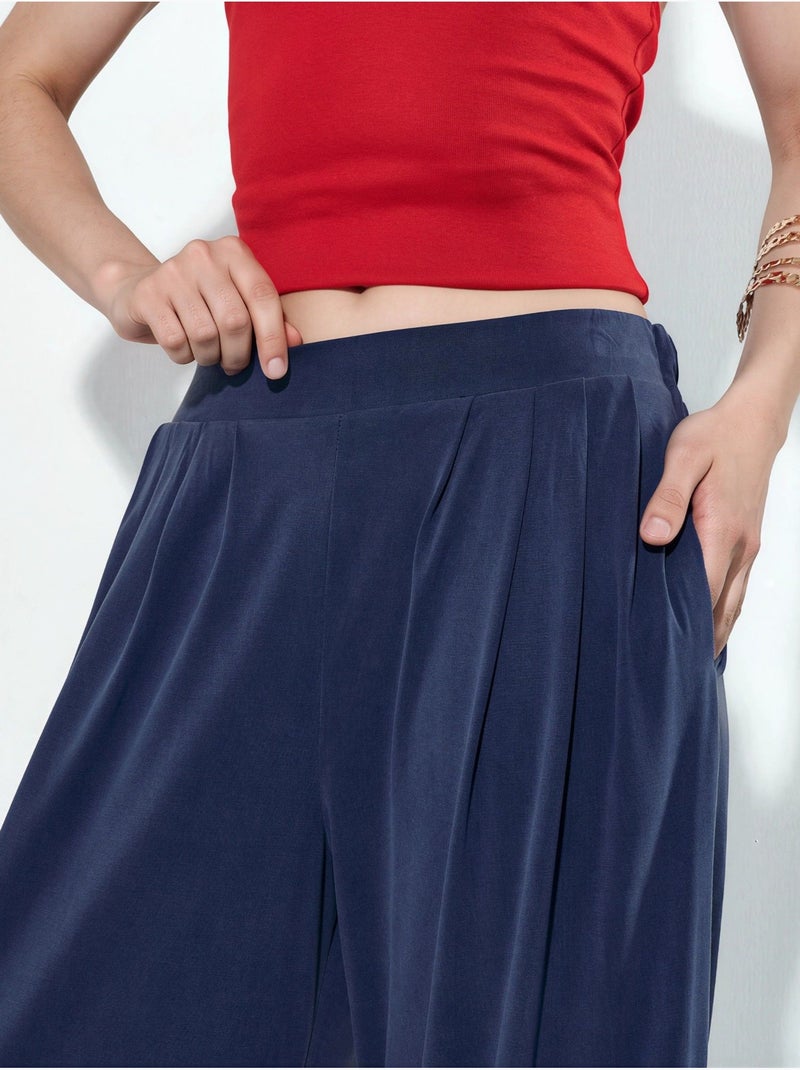 Pantalones de cintura alta, plisados y de pierna ancha busem Azul marino - Kiabi