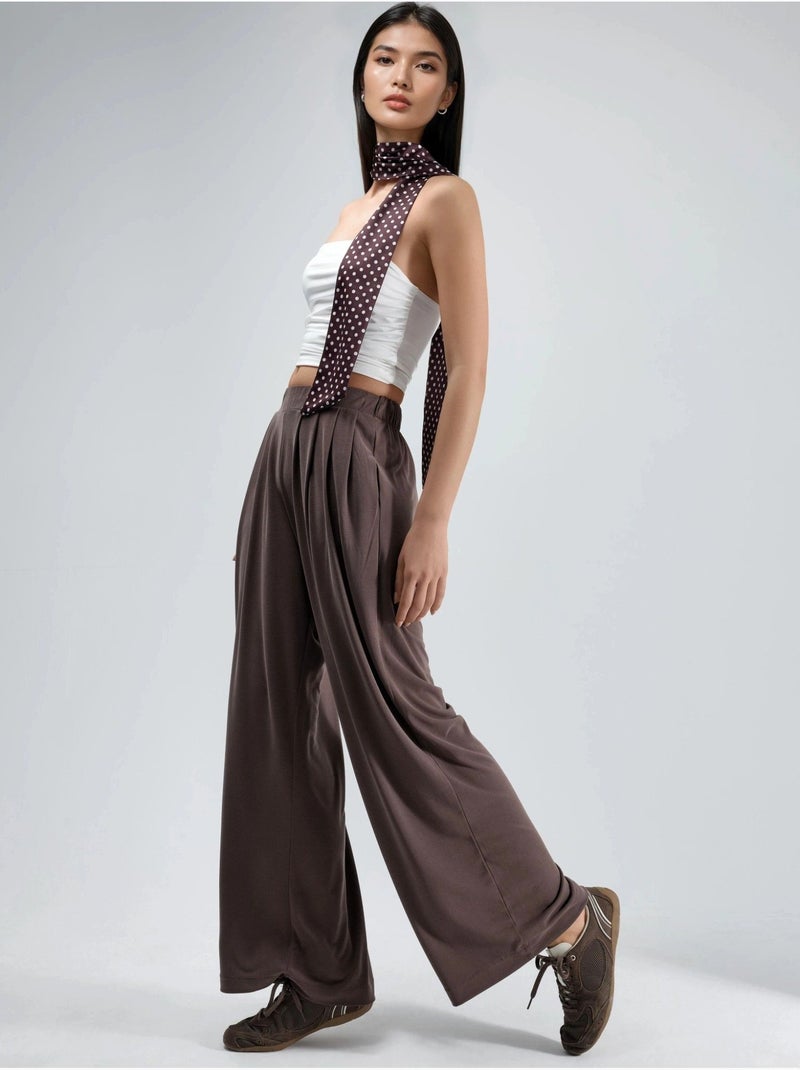 Pantalones de cintura alta, plisados y de pierna ancha busem Marrón claro - Kiabi