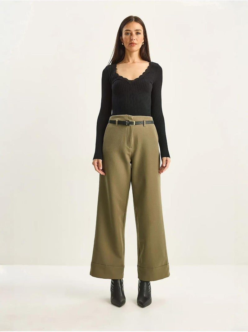 Pantalones de cintura alta y pierna ancha lucci Caqui - Kiabi