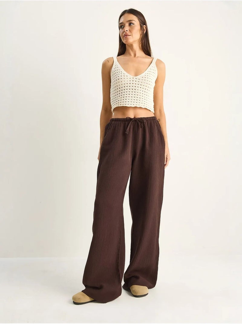 Pantalones de crepé de algodón de pernera ancha lucci Marrón chocolate - Kiabi