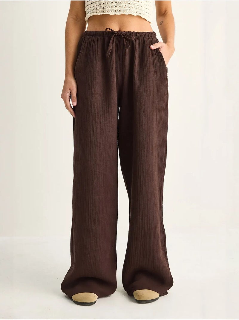 Pantalones de crepé de algodón de pernera ancha lucci Marrón chocolate - Kiabi