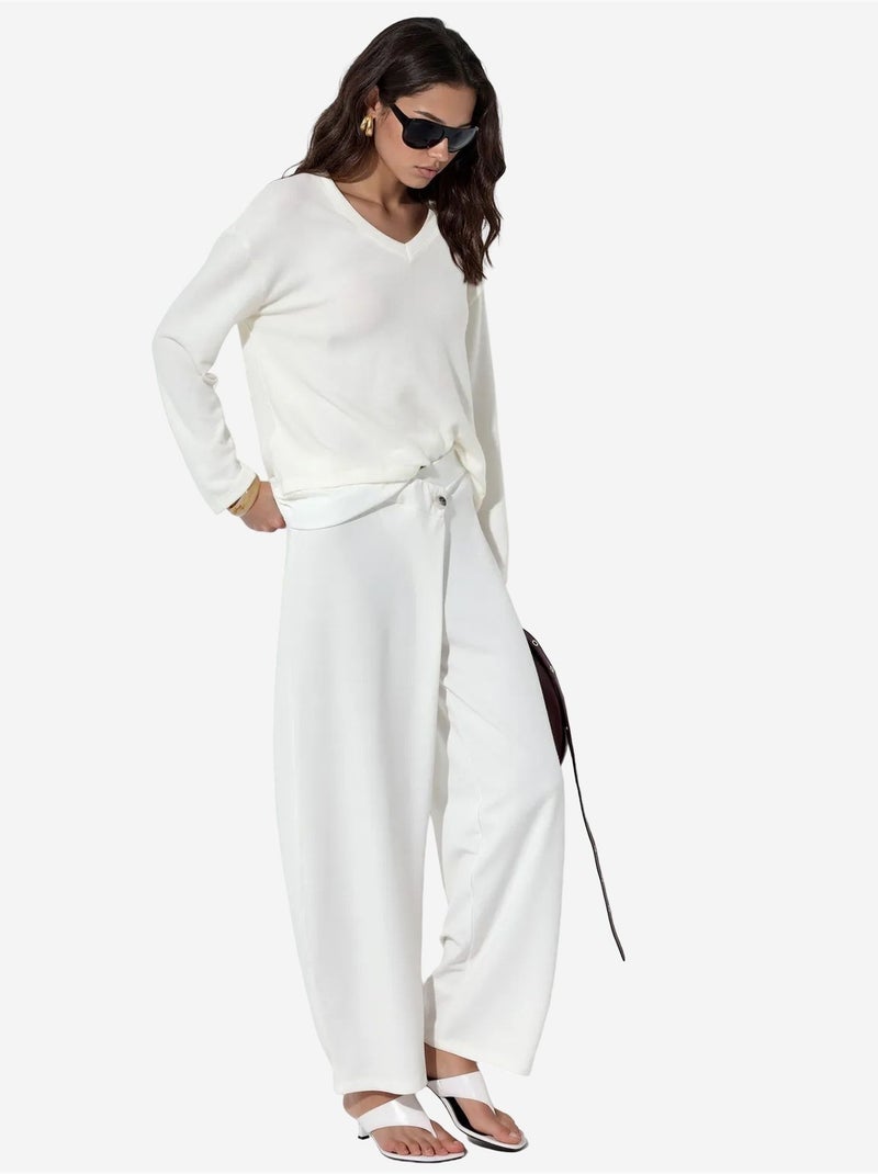 Pantalones de crepé de mujer de tiro alto y pernera ancha busem Blanco roto - Kiabi